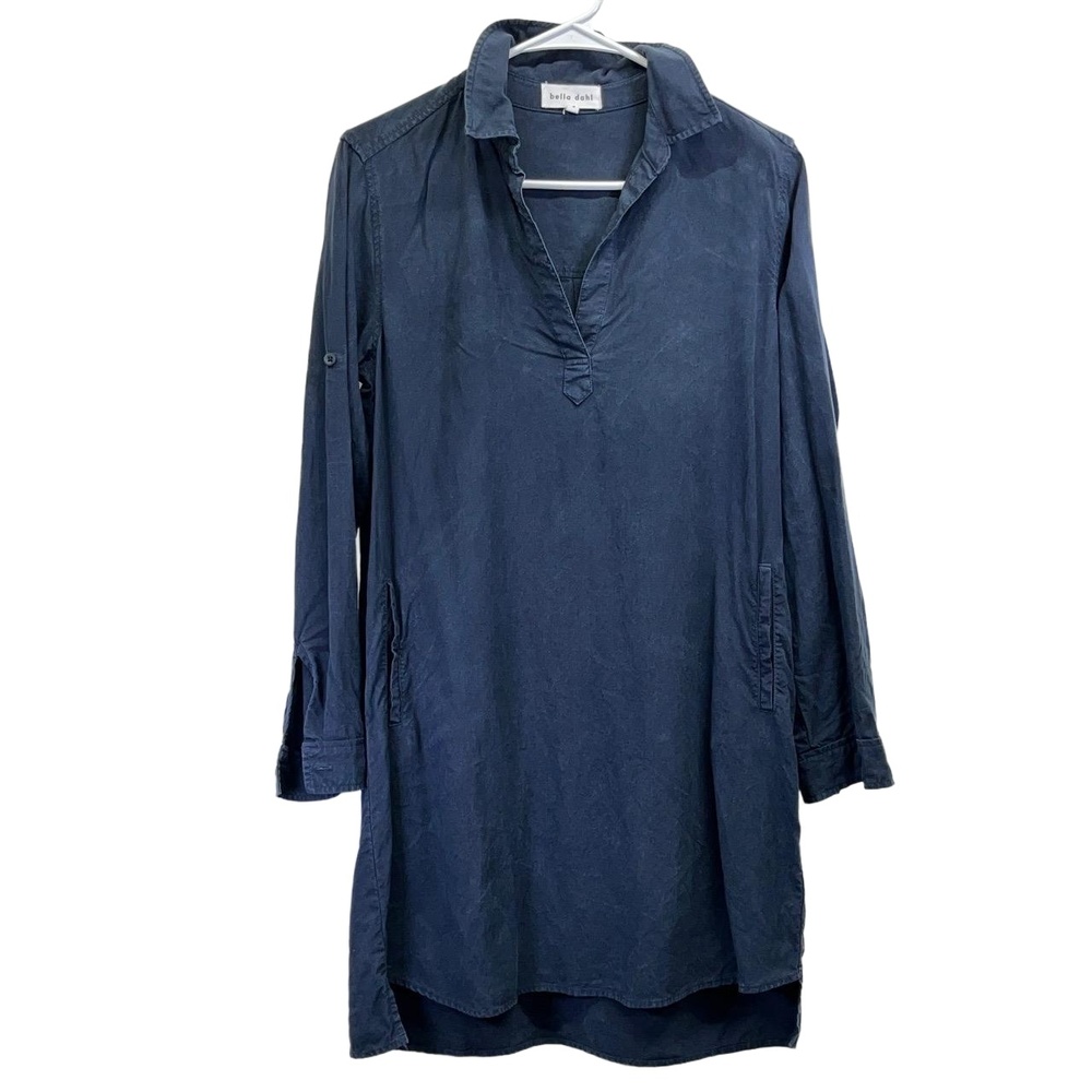 Bella Dahl Womens Navy Blue V‎ Neck A Line Rolled Tab Sleeve Shirt Dress Small